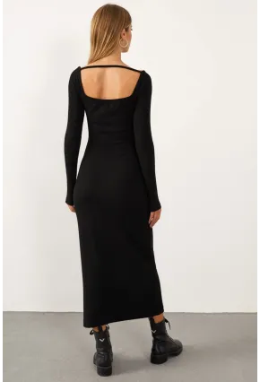 Kadın Siyah V Yaka Maxi Kaşkorse Elbise EY1086