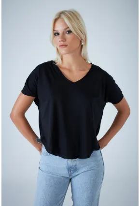 Kadın Siyah V Yaka Rahat T-Shirt LPP1312