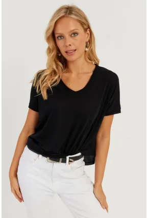 Kadın Siyah V Yaka Salaş T-Shirt LPP1271
