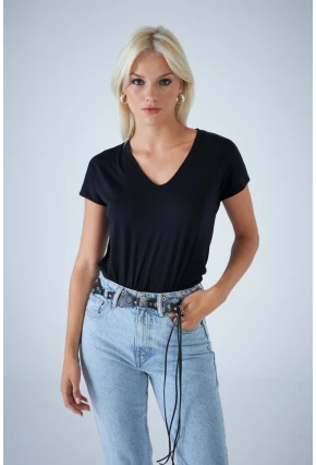 Kadın Siyah V Yaka T-Shirt LPP1311