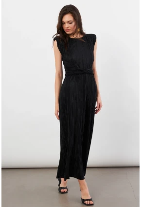 Kadın Siyah Vatkalı Pileli Astarlı Midi Elbise DMR436