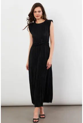 Kadın Siyah Vatkalı Pileli Astarlı Midi Elbise DMR436