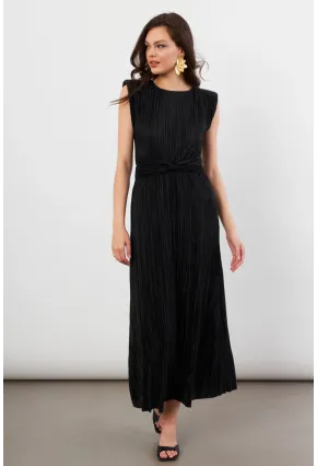 Kadın Siyah Vatkalı Pileli Astarlı Midi Elbise DMR436