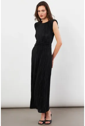 Kadın Siyah Vatkalı Pileli Astarlı Midi Elbise DMR436