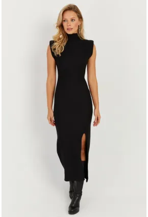 Kadın Siyah Vatkalı Yırtmaçlı Midi Elbise MON120