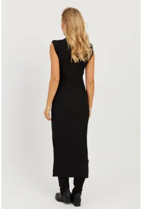 Kadın Siyah Vatkalı Yırtmaçlı Midi Elbise MON120