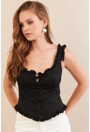 Kadın Siyah Volanlı Düğmeli Bluz KED7324