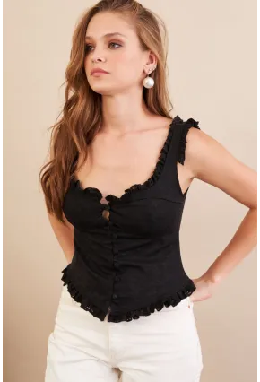 Kadın Siyah Volanlı Düğmeli Bluz KED7324