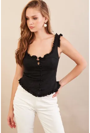 Kadın Siyah Volanlı Düğmeli Bluz KED7324