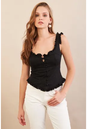 Kadın Siyah Volanlı Düğmeli Bluz KED7324