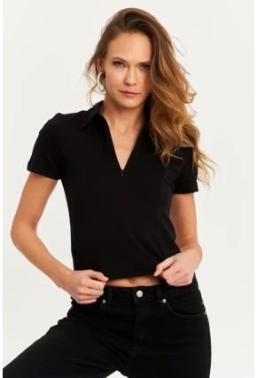 Kadın Siyah Yaka Fermuarlı Bluz RLO95