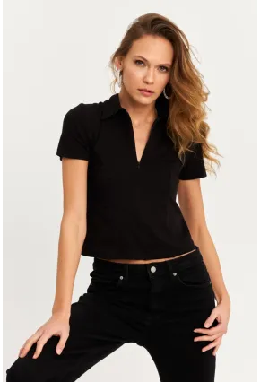 Kadın Siyah Yaka Fermuarlı Bluz RLO95