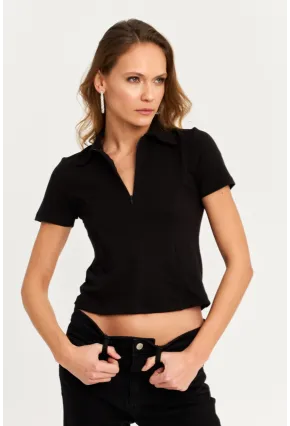 Kadın Siyah Yaka Fermuarlı Bluz RLO95