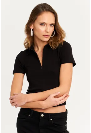 Kadın Siyah Yaka Fermuarlı Bluz RLO95