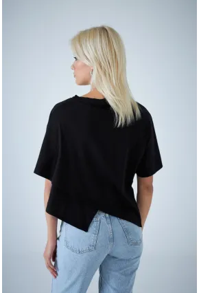 Kadın Siyah Yarasa Kol Asimetrik T-Shirt LPP1315