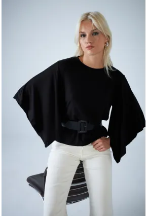 Kadın Siyah Yarasa Kol Bluz EY3134