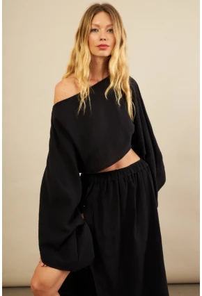 Kadın Siyah Yarasa Kol Crop Müslin Etek Takım BTY104