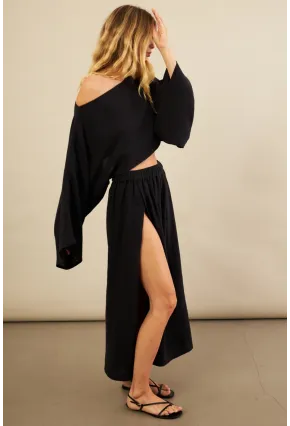 Kadın Siyah Yarasa Kol Crop Müslin Etek Takım BTY104