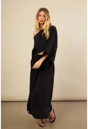 Kadın Siyah Yarasa Kol Crop Müslin Etek Takım BTY104