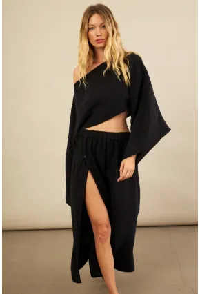 Kadın Siyah Yarasa Kol Crop Müslin Etek Takım BTY104