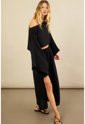 Kadın Siyah Yarasa Kol Crop Müslin Etek Takım BTY104