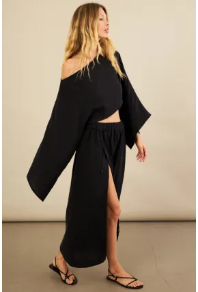 Kadın Siyah Yarasa Kol Crop Müslin Etek Takım BTY104