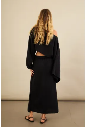 Kadın Siyah Yarasa Kol Crop Müslin Etek Takım BTY104