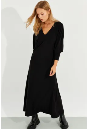 Kadın Siyah Yarasa Kol Midi Elbise BK272021