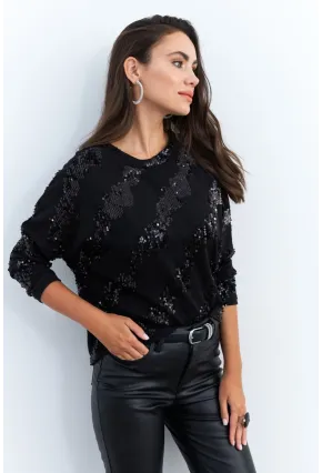 Kadın Siyah Yarasa Kol Payetli Triko Bluz PP6435