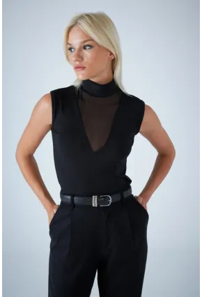 Kadın Siyah Yarım Balıkçı Tül Detaylı Bluz EY3135