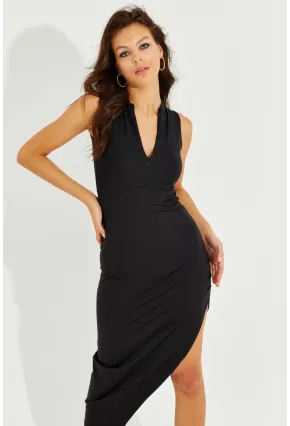 Kadın Siyah Yırrtmaçlı Fermuarlı Maxi Elbise YEL83