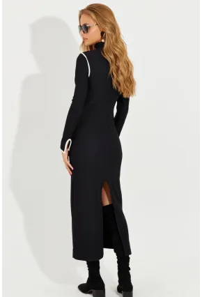 Kadın Siyah Yırtmaçlı Biyeli Midi Elbise RMZ1000