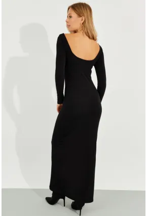Kadın Siyah Yırtmaçlı Maxi Elbise MEN2007