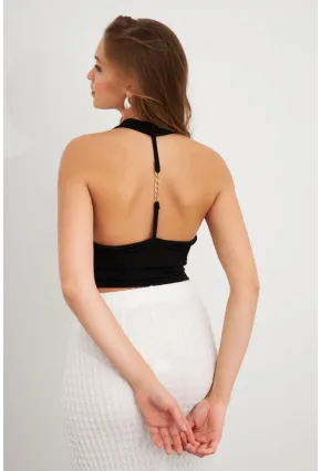 Kadın Siyah Zincir Aksesuarlı Degaje Yaka Bluz MTK13443