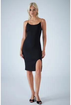 Kadın Siyah Zincir Askılı Rustik Midi Elbise CEL7167