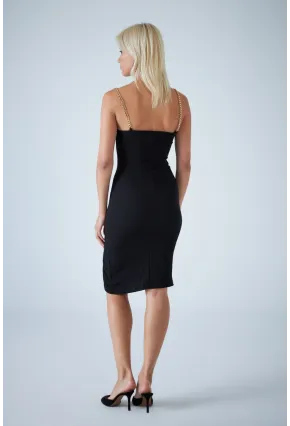 Kadın Siyah Zincir Askılı Rustik Midi Elbise CEL7167