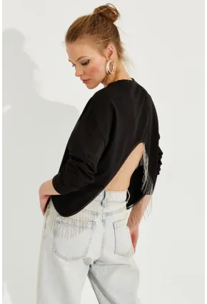 Kadın Siyah Zincirli Asimetrik Sweatshirt EY2664