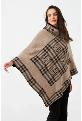 Kadın Sütlü Kahve Ekose Desenli Panço MKON101