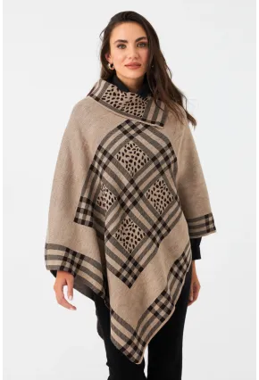Kadın Sütlü Kahve Ekose Desenli Panço MKON101