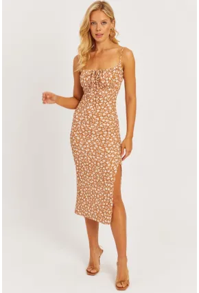 Kadın Sütlü Kahve İnce Askılı Midi Elbise MON125