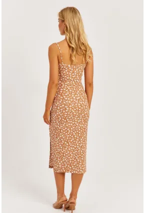 Kadın Sütlü Kahve İnce Askılı Midi Elbise MON125