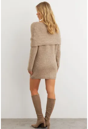 Kadın Sütlü Kahve Madonna Yaka Triko Tunik Elbise KAZ36