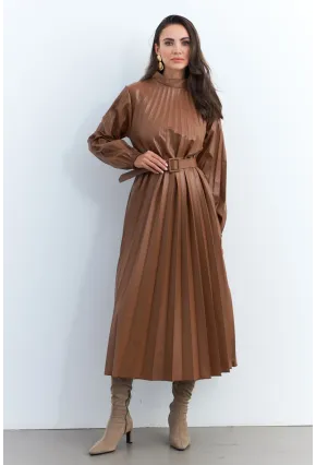 Kadın Taba Pileli Kemerli Maxi Elbise MALZ99