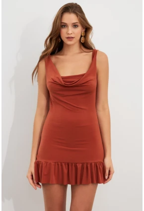 Kadın Tarçın Degaje Yaka Mini Elbise HOR0078