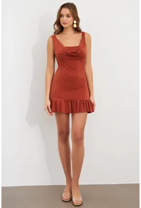 Kadın Tarçın Degaje Yaka Mini Elbise HOR0078