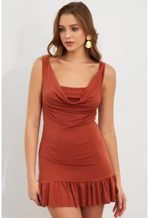 Kadın Tarçın Degaje Yaka Mini Elbise HOR0078
