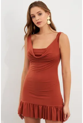 Kadın Tarçın Degaje Yaka Mini Elbise HOR0078