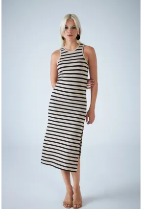 Kadın Taş Kolsuz Yırtmaçlı Çizgili Midi Elbise AYD418