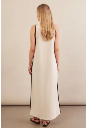 Kadın Taş Kontrast Çizgili Maxi Keten Elbise MSİ101