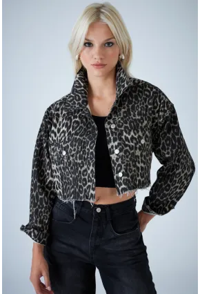 Kadın Taş-Siyah Kısa Leopar Denim Ceket TSS103